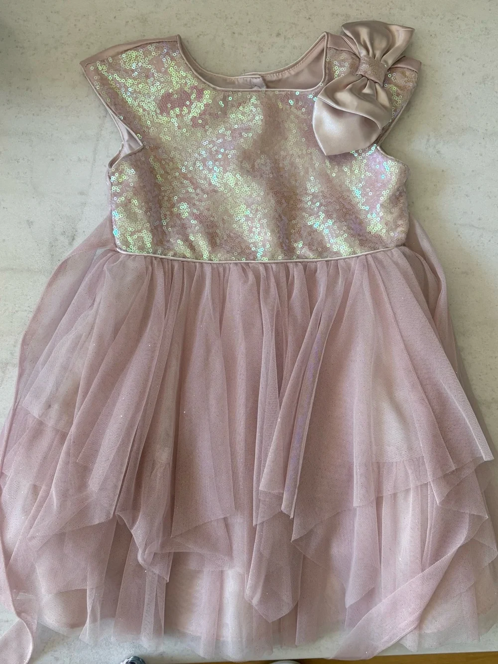 Girls' Shimmer Sequin & Layered Tulle Dress in Light Pink with Bow